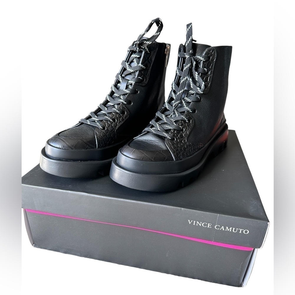 Vince Camuto “Korigan” black leather lug boots NIB Size 7